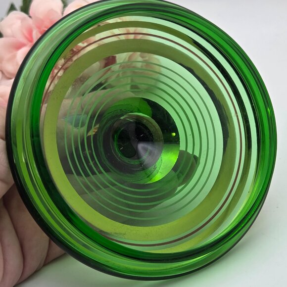Vintage Bohemian Green Glass Lidded Candy Dish With Gold Stripes Mid Century - Picture 10 of 16